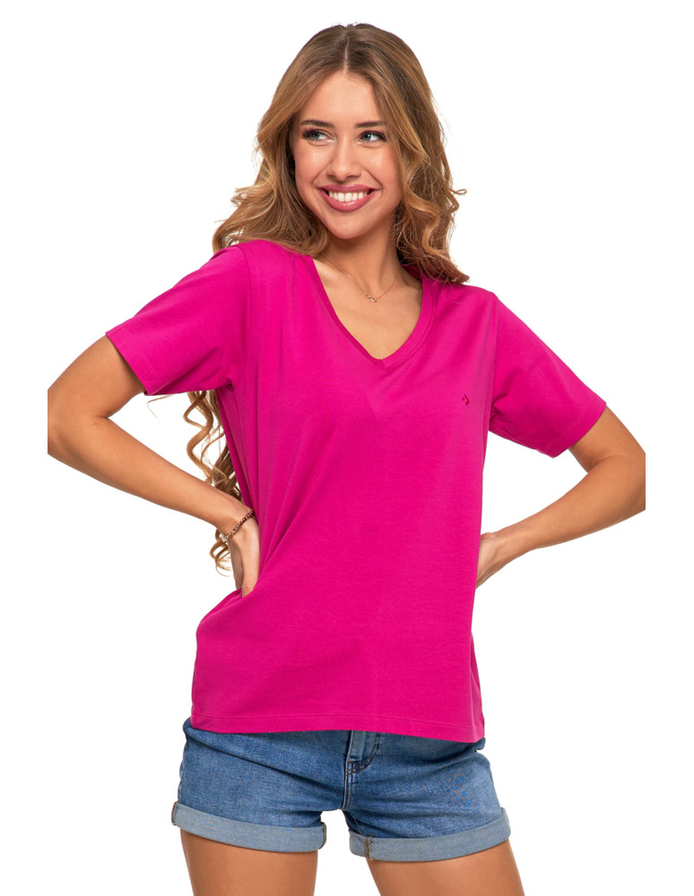 Koszulki i T-shirty - Koszulka damska bawełna Premium T-shirt dekolt w serek FUKSJA - produkt moraj.pl 1