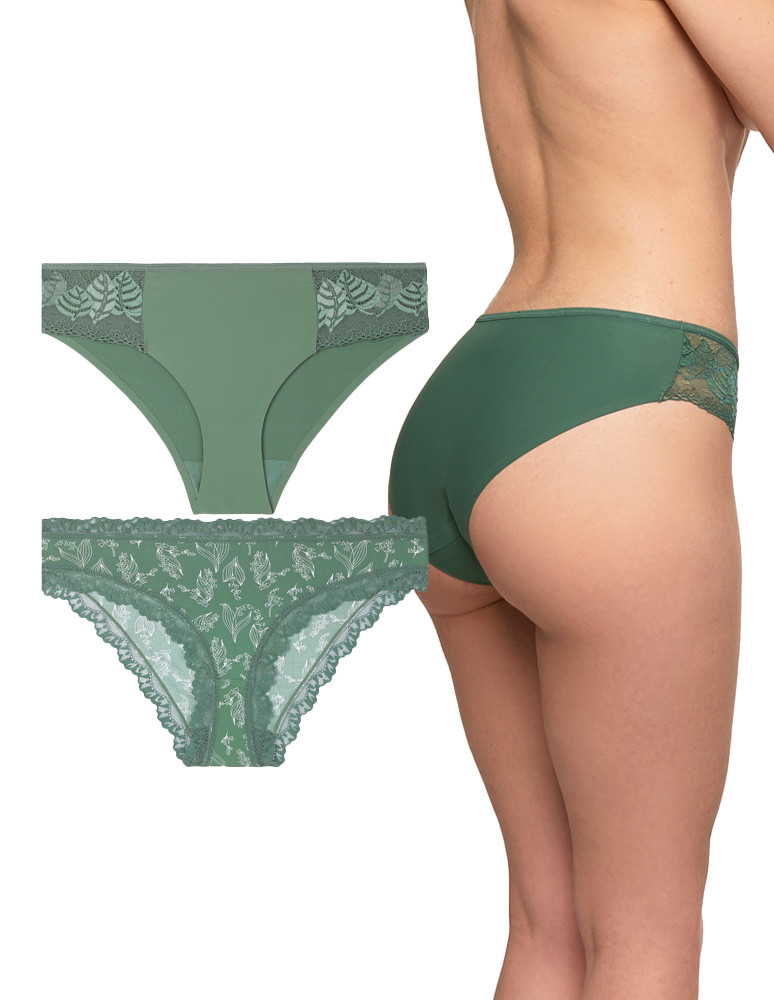 Majtki figi - Majtki figi damskie drobny roślinny wzór z koronką 2-pak WIELOKOLOROWY - produkt moraj.pl 4