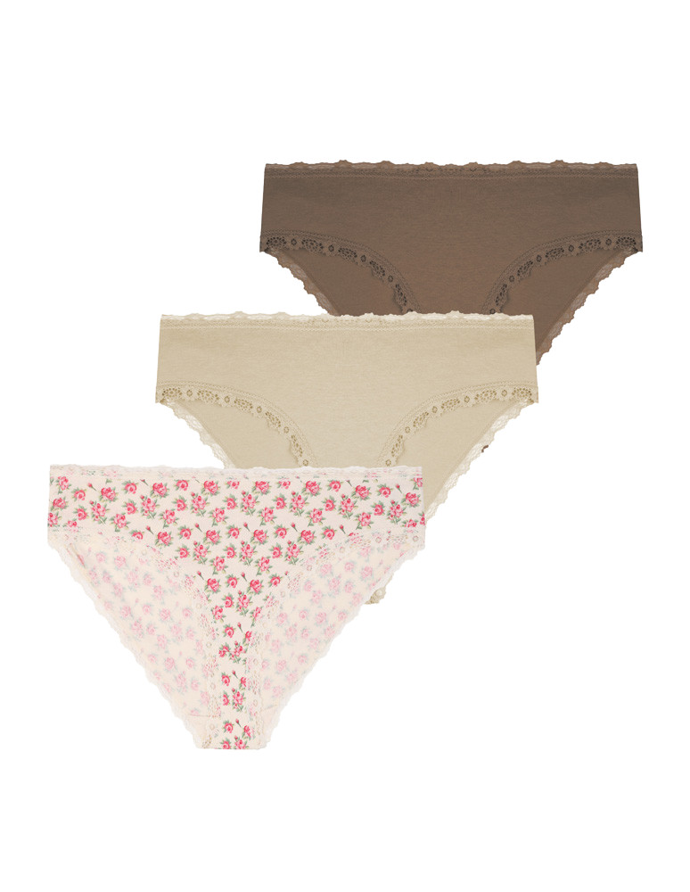Majtki figi damskie bawełniane w kwiaty z koronką 3-pak WIELOKOLOROWY