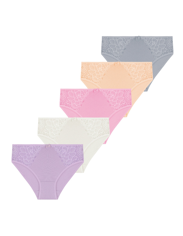 Majtki damskie figi prążkowane z koronkowym zdobieniem 5-pak WIELOKOLOROWY