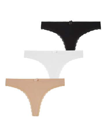 Majtki stringi damskie bawełniane prążkowane z koronką 3-pak