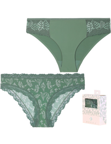 Majtki figi damskie drobny roślinny wzór z koronką 2-pak