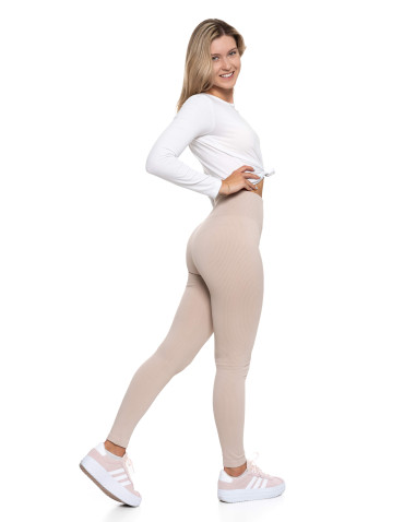 Legginsy damskie - Legginsy damskie z wysokim stanem prążkowane sportowe BEŻOWY - produkt 3