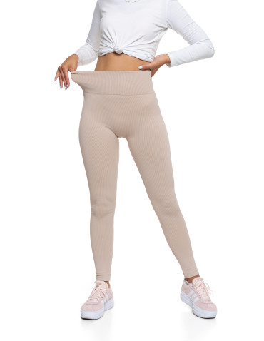 Legginsy damskie - Legginsy damskie z wysokim stanem prążkowane sportowe BEŻOWY - produkt 5