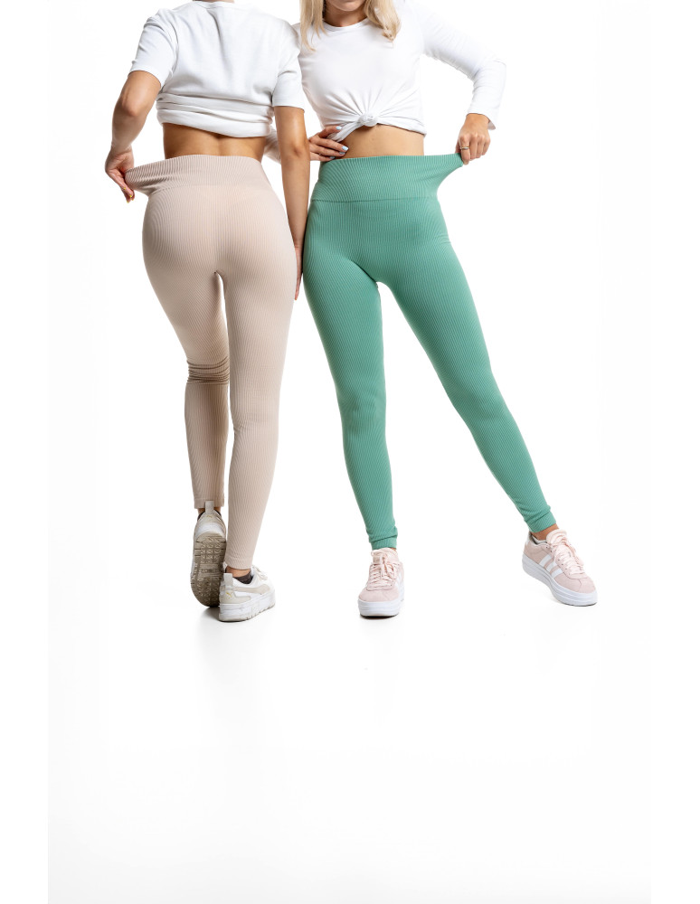 Legginsy damskie - Legginsy damskie z wysokim stanem prążkowane sportowe BEŻOWY - produkt moraj.pl 6