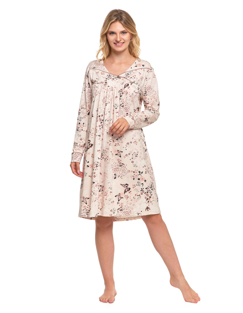 Koszule nocne - Damska koszula nocna z długim rękawem w kwiatowy wzór BEŻOWY  - produkt moraj.pl 4