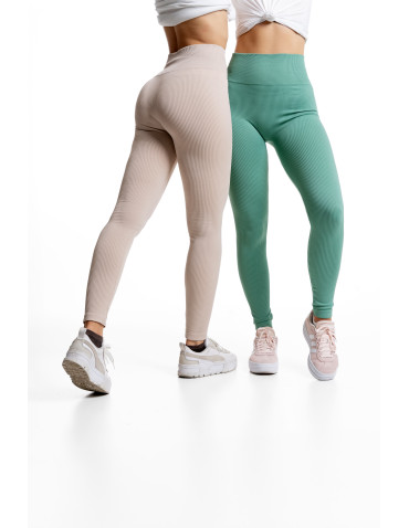 Legginsy damskie - Legginsy damskie z wysokim stanem prążkowane sportowe BEŻOWY - produkt 7