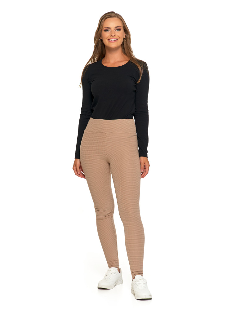 Damskie legginsy z wysokim stanem i prążkowaną strukturą BEŻOWY