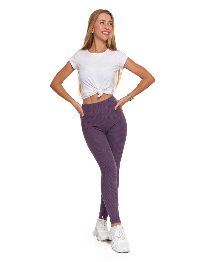 Damskie legginsy z wysokim stanem i prążkowaną strukturą FIOLETOWY