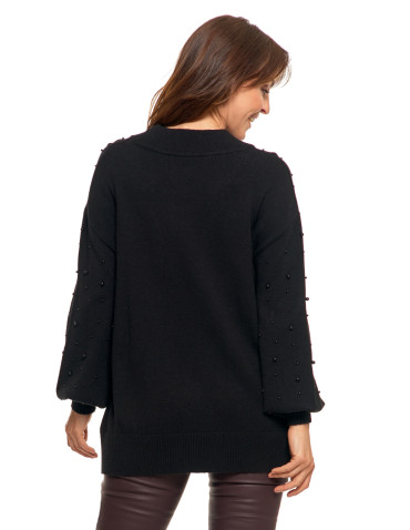 Damski sweter z ozdobnymi perełkami i szerokimi rękawami - produkt 2