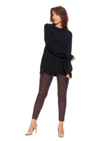 Swetry i kardigany - Damski sweter z ozdobnymi perełkami i szerokimi rękawami CZARNY - produkt 3