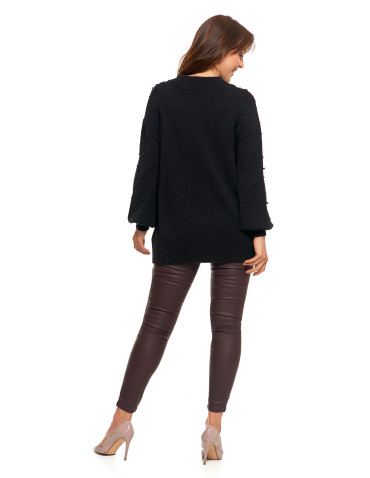 Swetry i kardigany - Damski sweter z ozdobnymi perełkami i szerokimi rękawami CZARNY - produkt 6