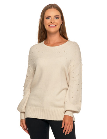 Swetry i kardigany - Damski sweter z ozdobnymi perełkami i szerokimi rękawami BEŻOWY - produkt 1