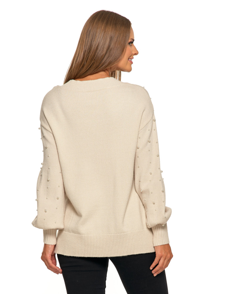 Swetry i kardigany - Damski sweter z ozdobnymi perełkami i szerokimi rękawami BEŻOWY - produkt moraj.pl 2