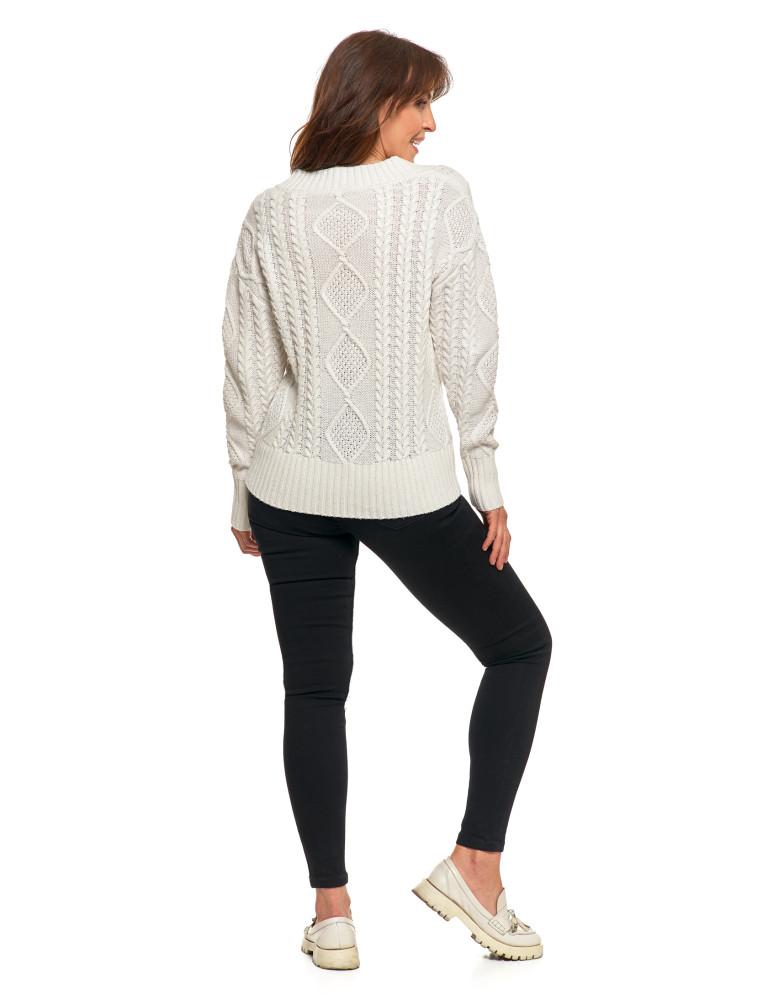 Swetry i kardigany - Damski sweter z warkoczowym splotem i dekoltem w serek KREMOWY  - produkt moraj.pl 4