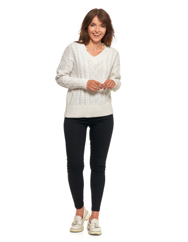 Swetry i kardigany - Damski sweter z warkoczowym splotem i dekoltem w serek KREMOWY - produkt 5