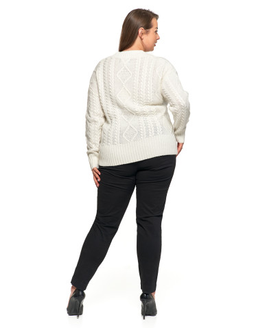 Swetry i kardigany - Damski sweter z warkoczowym splotem i dekoltem w serek KREMOWY - produkt 6