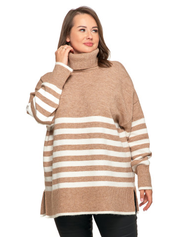 Sweter damski w paski z golfem o luźnym kroju