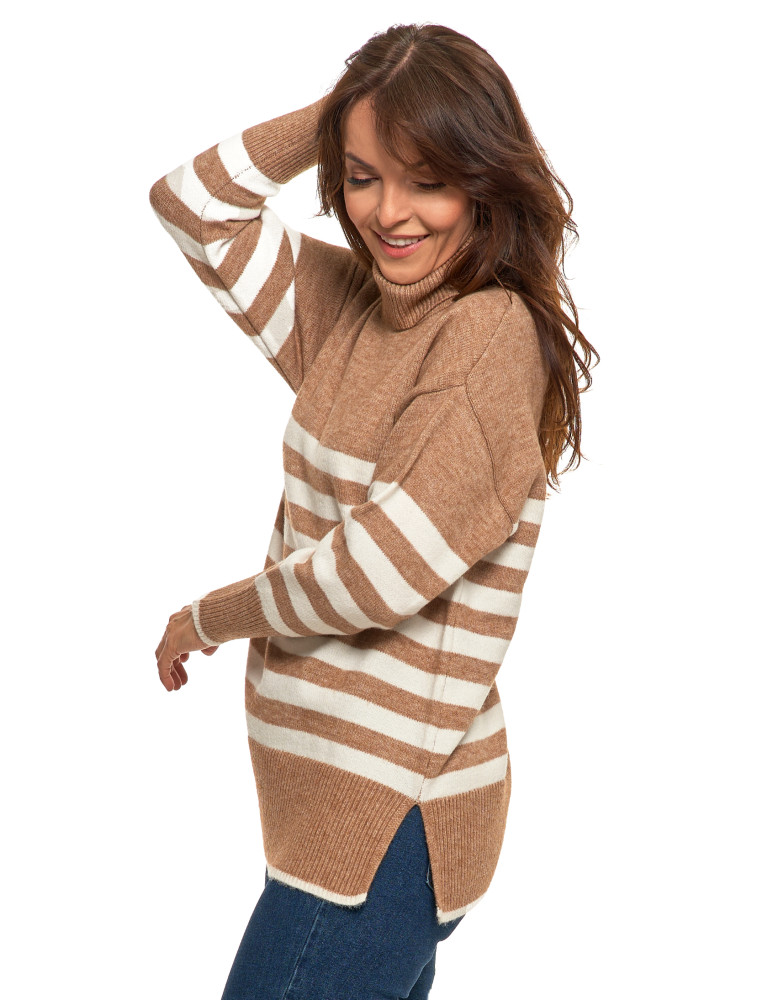 Swetry i kardigany - Sweter damski w paski z golfem o luźnym kroju BEŻOWY - produkt moraj.pl 2