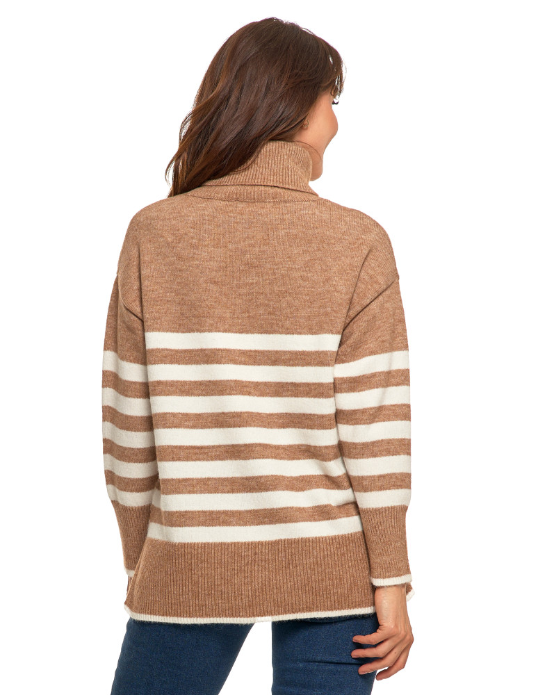 Swetry i kardigany - Sweter damski w paski z golfem o luźnym kroju BEŻOWY - produkt moraj.pl 3