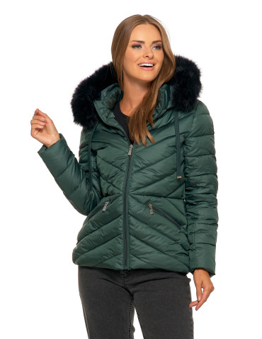 Kurtka damska pikowana z odpinanym i futerkowym kapturem