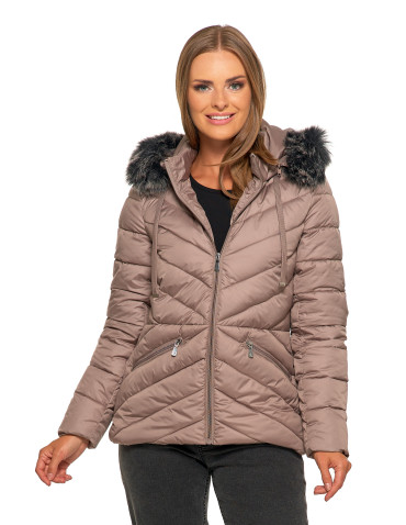 Kurtki i kamizelki - Kurtka damska pikowana z odpinanym i futerkowym kapturem BEŻOWY - produkt 1