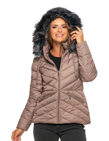 Kurtki i kamizelki - Kurtka damska pikowana z odpinanym i futerkowym kapturem BEŻOWY - produkt 2