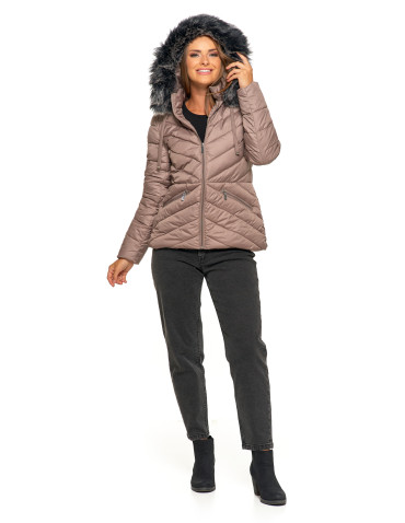 Kurtki i kamizelki - Kurtka damska pikowana z odpinanym i futerkowym kapturem BEŻOWY - produkt 11