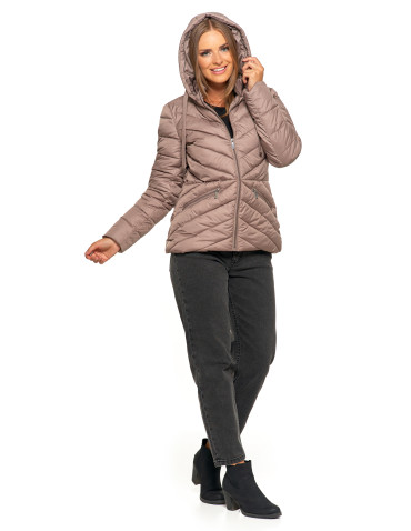 Kurtki i kamizelki - Kurtka damska pikowana z odpinanym i futerkowym kapturem BEŻOWY - produkt 16