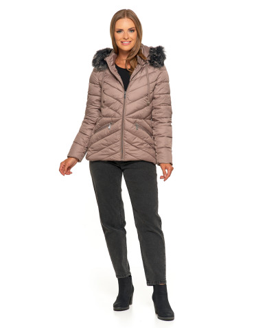 Kurtki i kamizelki - Kurtka damska pikowana z odpinanym i futerkowym kapturem BEŻOWY - produkt 17