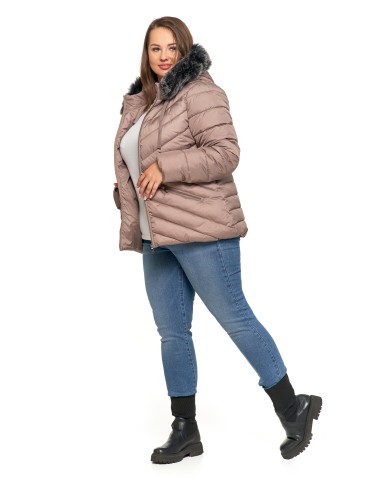Kurtki i kamizelki - Kurtka damska pikowana z odpinanym i futerkowym kapturem BEŻOWY - produkt 19