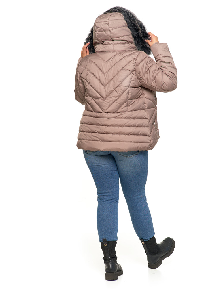 Kurtki i kamizelki - Kurtka damska pikowana z odpinanym i futerkowym kapturem BEŻOWY - produkt moraj.pl 24