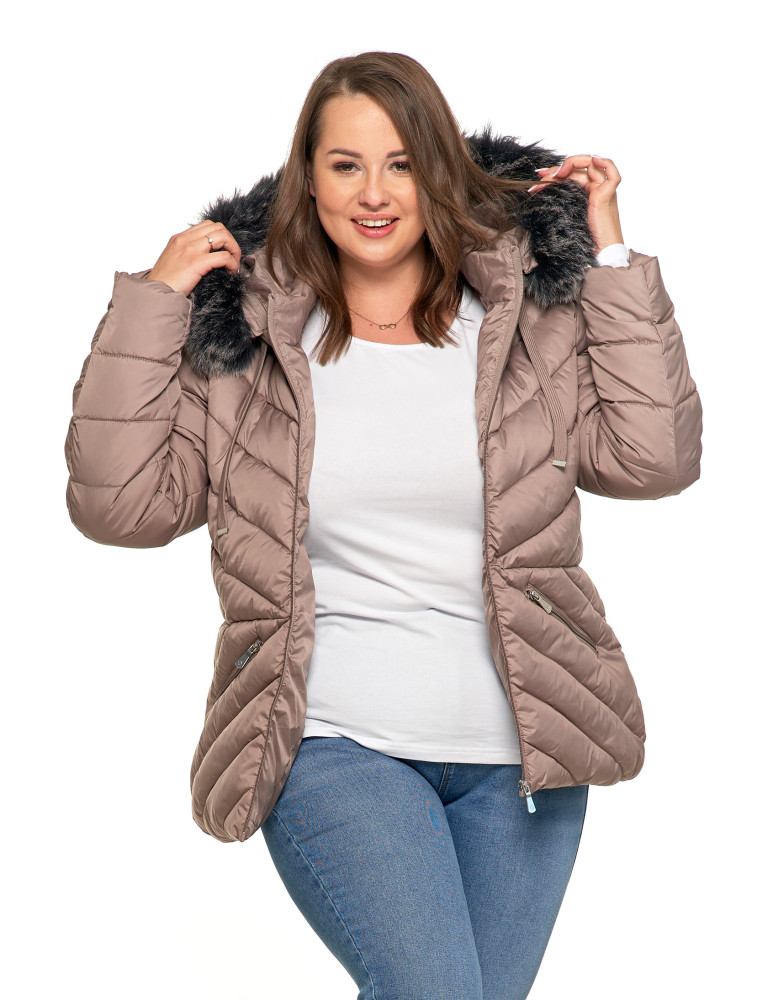 Kurtki i kamizelki - Kurtka damska pikowana z odpinanym i futerkowym kapturem BEŻOWY - produkt moraj.pl 31