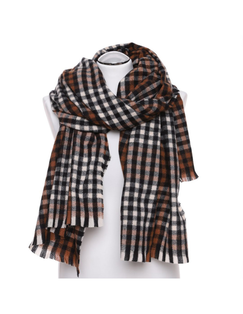 Szale i chusty - Szal damski cienki z drobnym wzorem w kratkę Ciemny brązowy - produkt moraj.pl 1