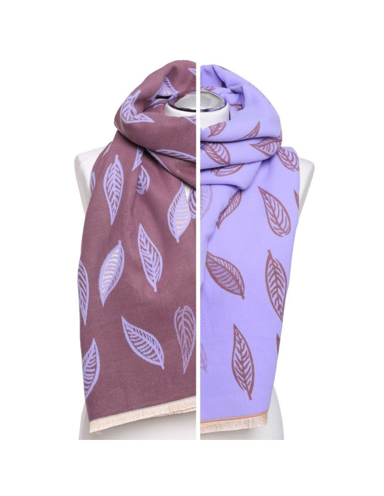 Szale i chusty - Szal damski na jesień i zimę dwustronny w liście FIOLETOWY - produkt moraj.pl 1