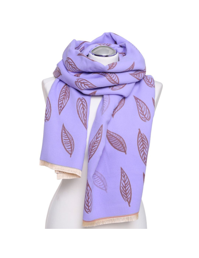 Szale i chusty - Szal damski na jesień i zimę dwustronny w liście FIOLETOWY  - produkt moraj.pl 3
