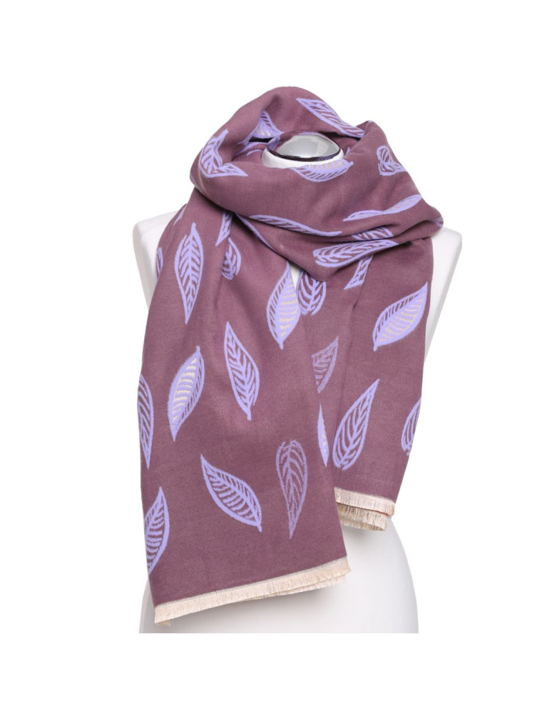 Szale i chusty - Szal damski na jesień i zimę dwustronny w liście FIOLETOWY  - produkt moraj.pl 5