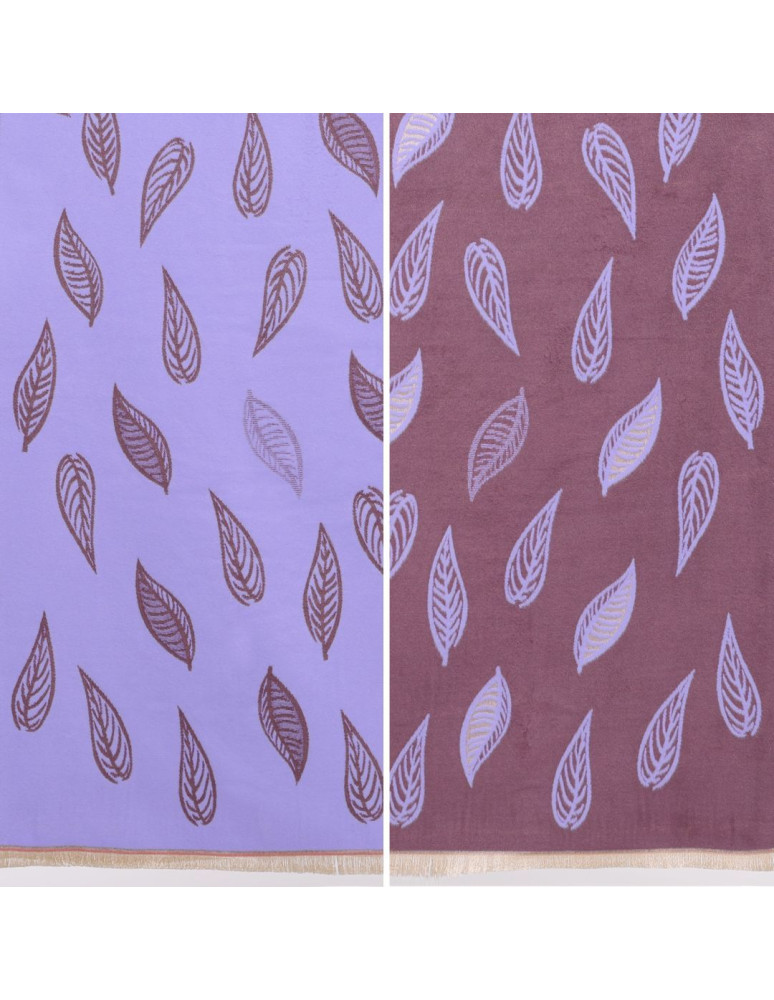 Szale i chusty - Szal damski na jesień i zimę dwustronny w liście FIOLETOWY  - produkt moraj.pl 7