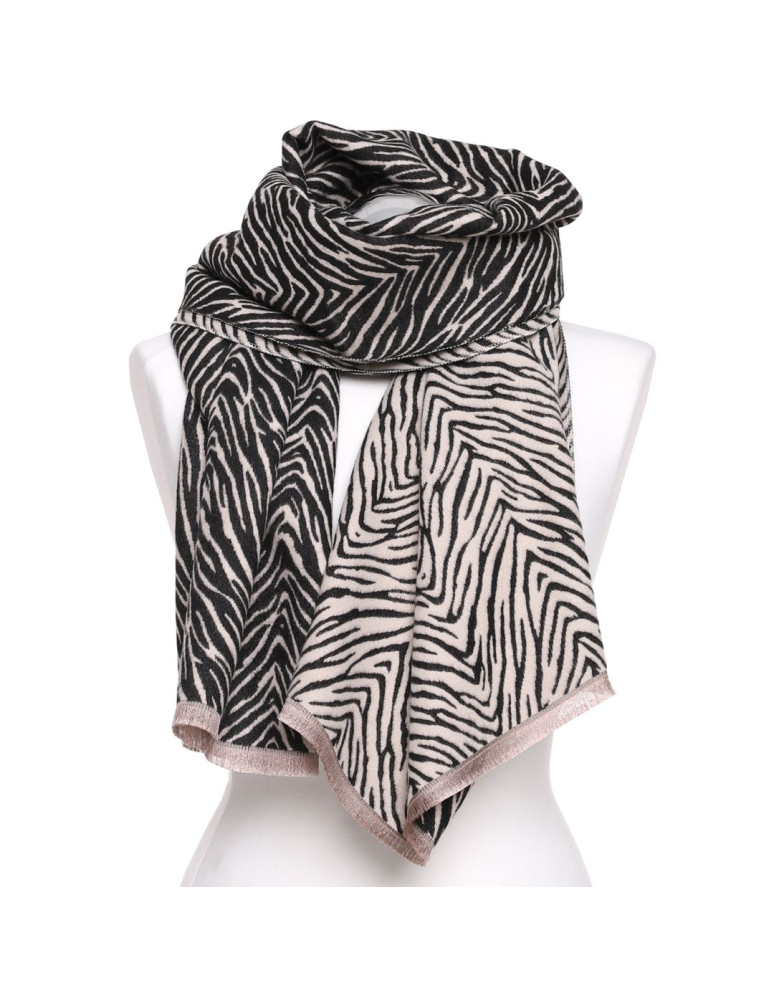 Szale i chusty - Szal damski w zebrę dwustronny na jesień i zimę z wiskozą CZARNY - produkt moraj.pl 2