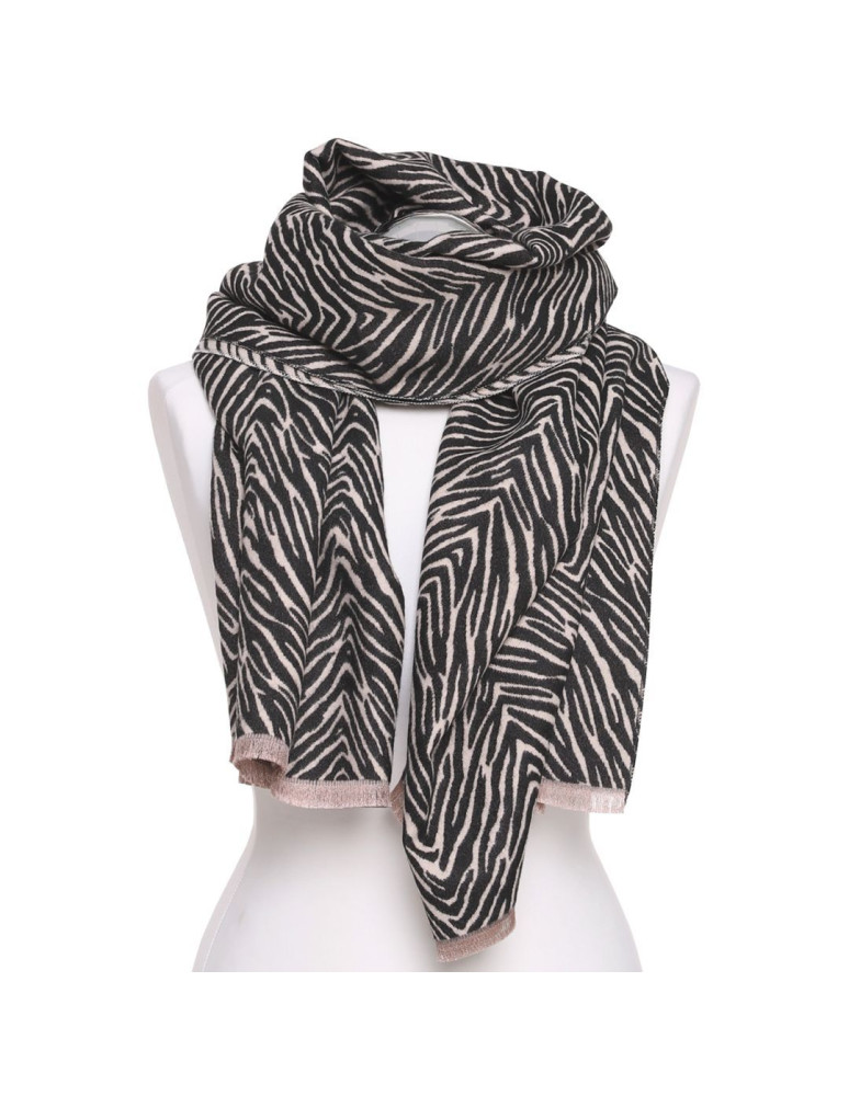 Szale i chusty - Szal damski w zebrę dwustronny na jesień i zimę z wiskozą CZARNY - produkt moraj.pl 3