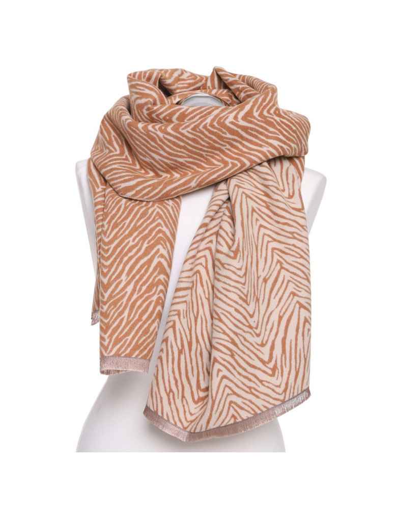 Szale i chusty - Szal damski w zebrę dwustronny na jesień i zimę z wiskozą BEŻOWY - produkt moraj.pl 2