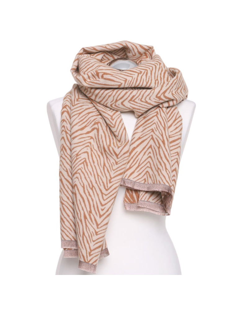 Szale i chusty - Szal damski w zebrę dwustronny na jesień i zimę z wiskozą BEŻOWY - produkt moraj.pl 4