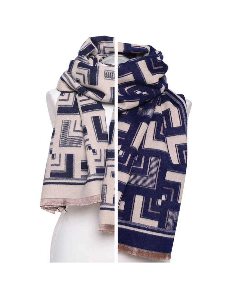 Szale i chusty - Szal damski dwustronny w geometryczny wzór GRANATOWY - produkt moraj.pl 1