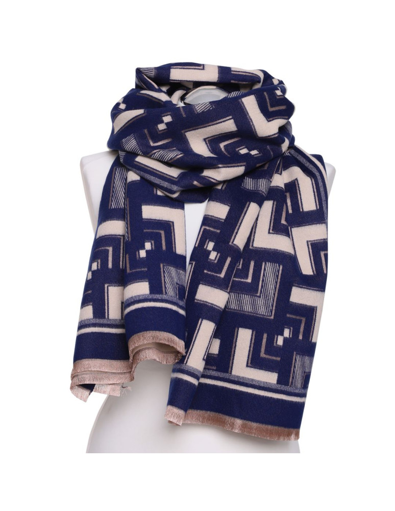 Szale i chusty - Szal damski dwustronny w geometryczny wzór GRANATOWY  - produkt moraj.pl 3