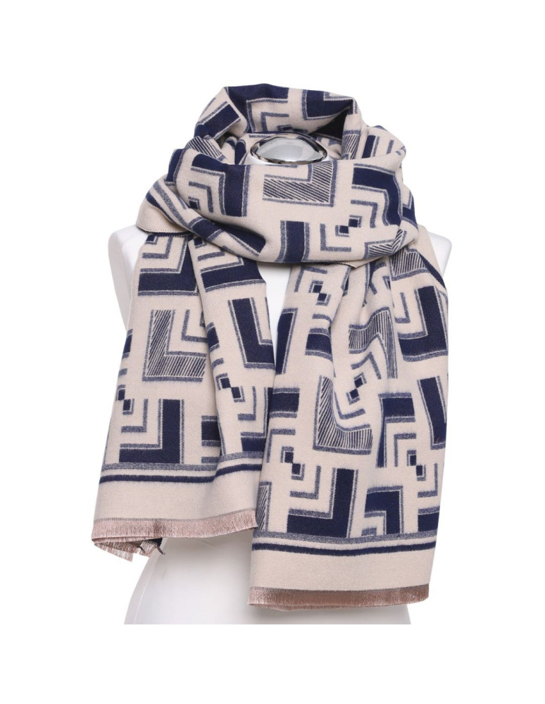 Szale i chusty - Szal damski dwustronny w geometryczny wzór GRANATOWY  - produkt moraj.pl 4