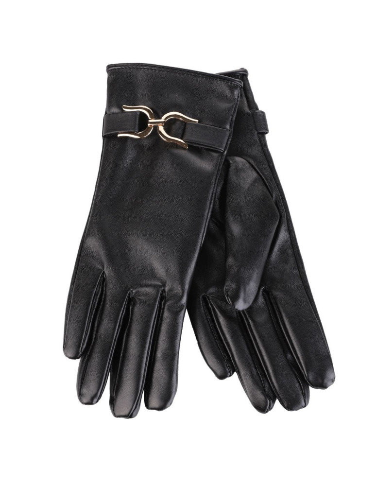 Eleganckie rękawiczki damskie eko skóra ocieplane z klamrą CZARNY