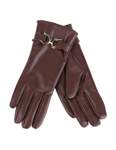 Rękawiczki damskie - Eleganckie rękawiczki damskie eko skóra ocieplane z klamrą BRĄZOWY - produkt 1