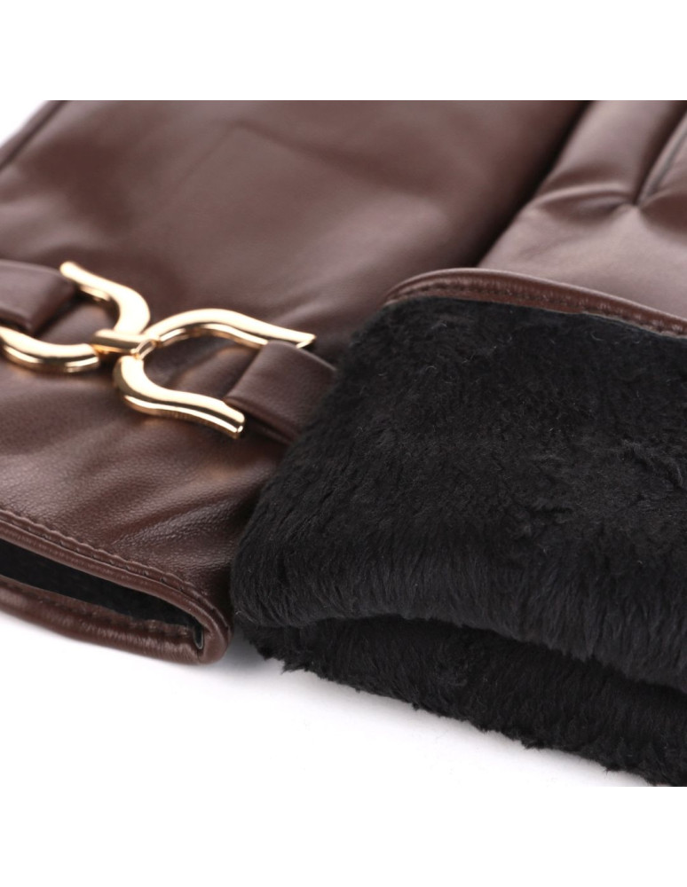 Rękawiczki damskie - Eleganckie rękawiczki damskie eko skóra ocieplane z klamrą BRĄZOWY  - produkt moraj.pl 2