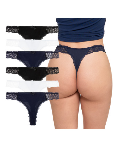 Majtki stringi damskie bawełniane z koronką 6-pak