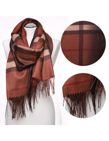 Szale i chusty - Szal damski w kratę z brokatem BRĄZOWY - produkt 1